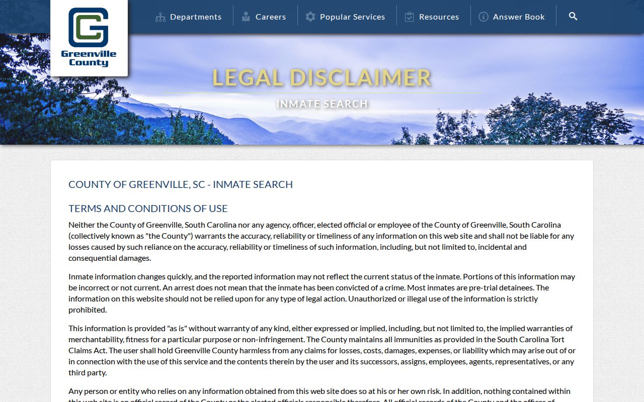 Greenville County current inmate mugshot search disclaimer